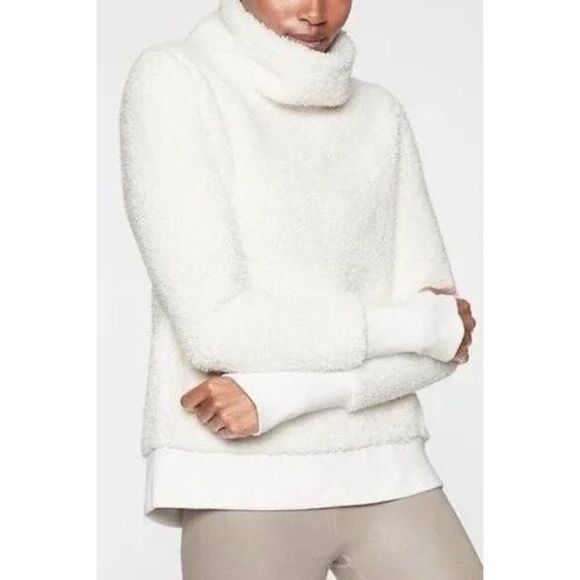 Athleta Nirvana Sherpa funnel Neck Cozy Pullover Sweatshirt Sweater S Cream‎ - Picture 1 of 11